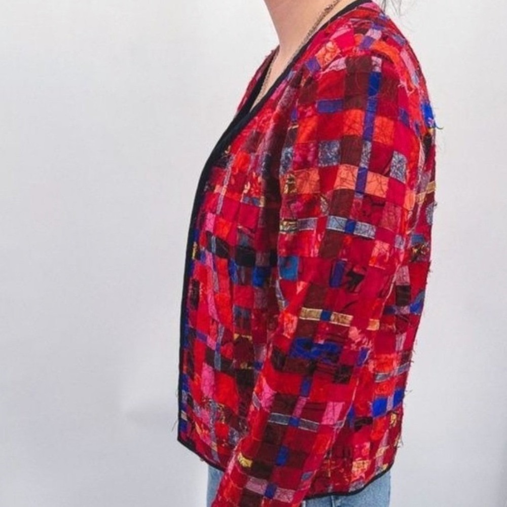 Chico's Women Red Silk Blend Patchwork Ribbon Woven Open Front Jacket Size 0 S - Picture 5 of 6